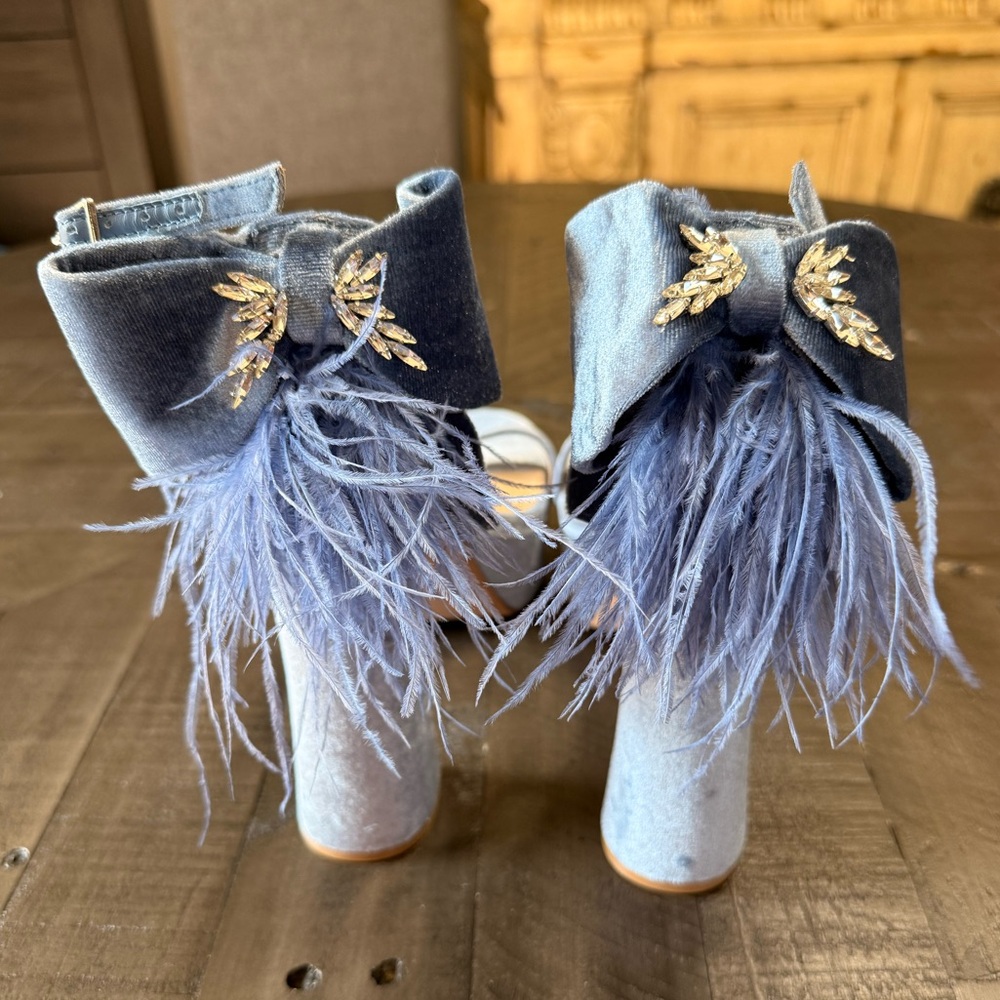 Blue Velvet Platform Ankle-Strap Heels with Feather Detail - Picture 2 of 5